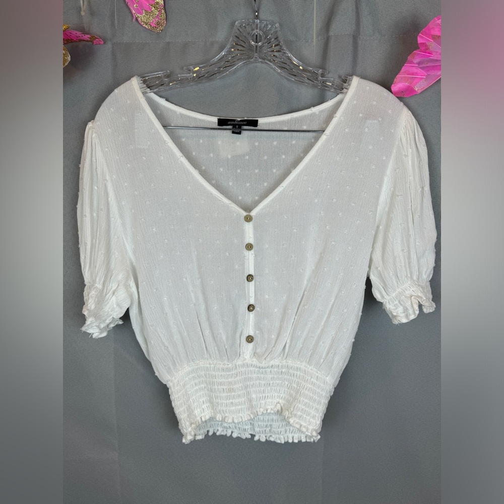 Ambiance Sheer V- Neck White Smocked Top- Sz Small